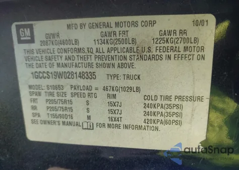 2002 Chevrolet S-10 Ls from USA, damaged, VIN 1GCCS19W028148335